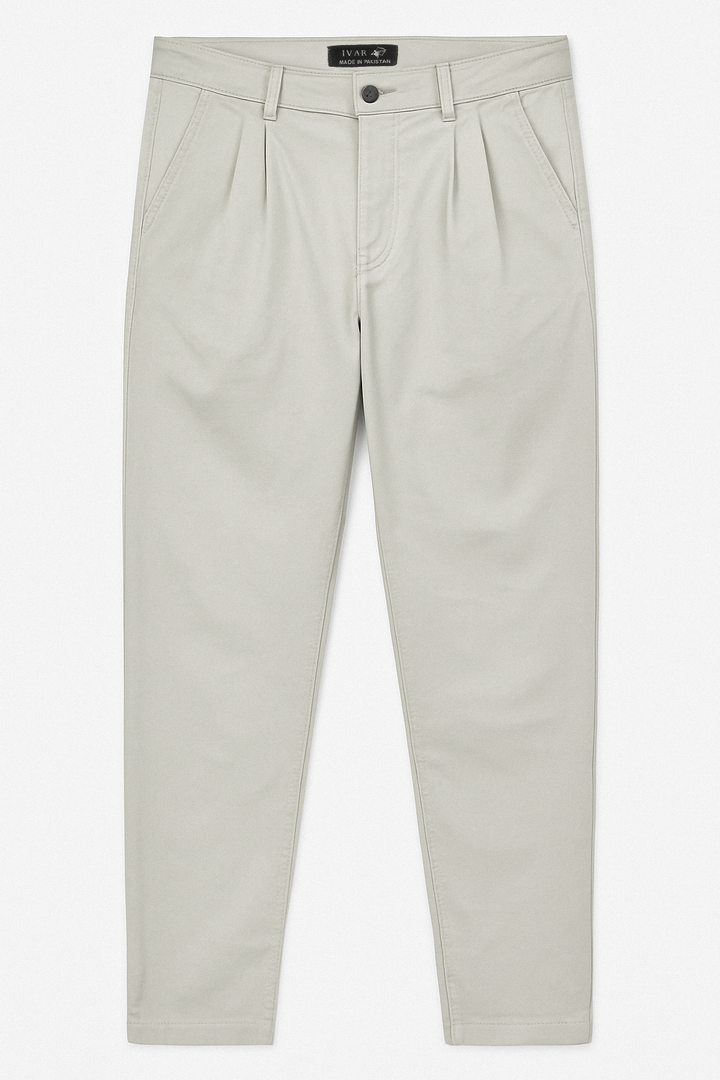 IVAR® Grey Twill Straight Fit Pleated Pants