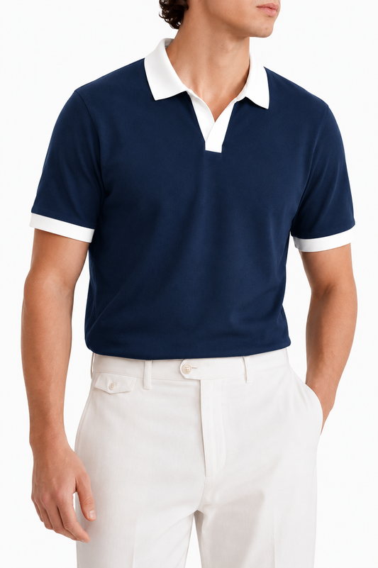 Men's Navy Blue Contrast Collar Polo Full Length Front Styled with White Trousers