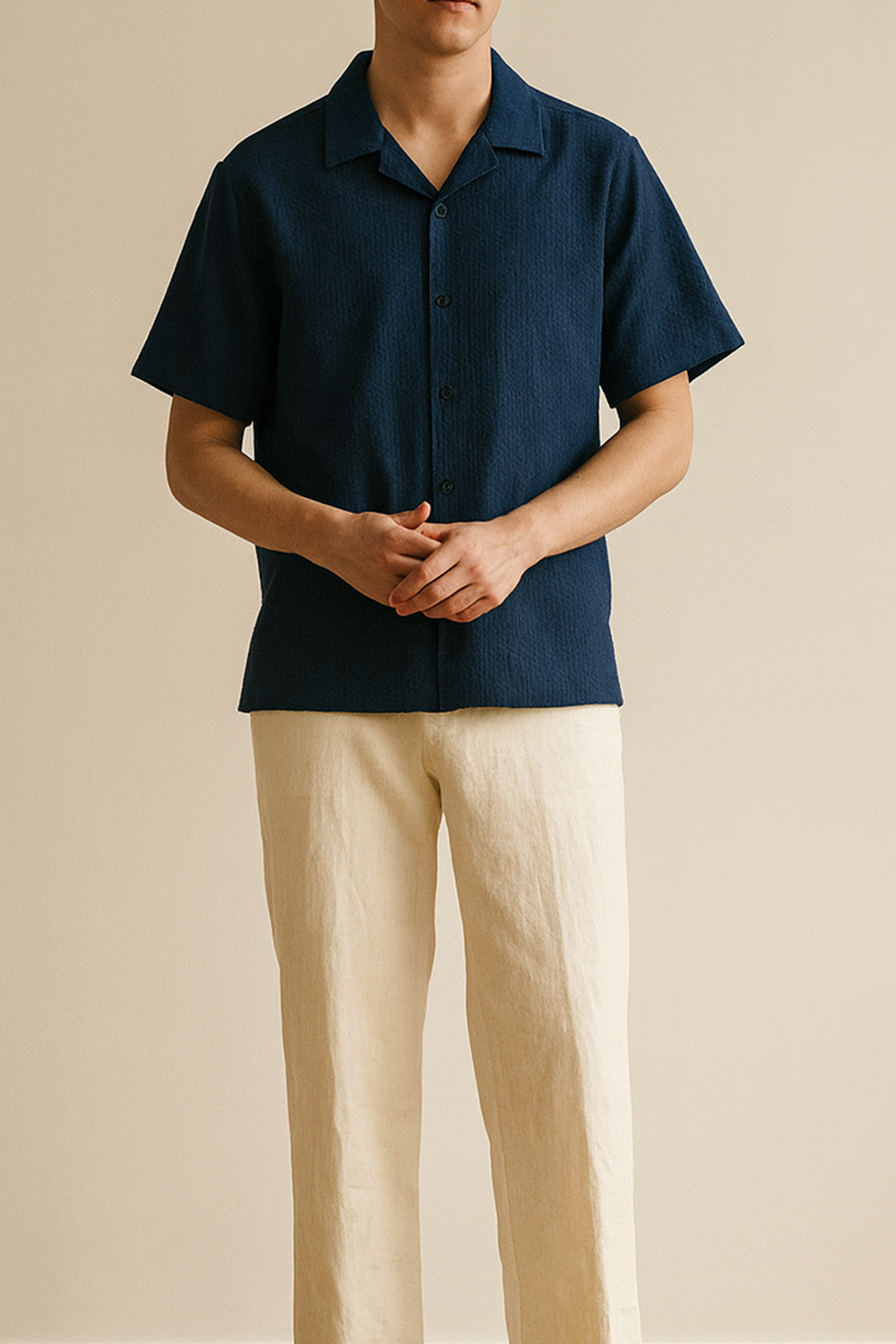 IVAR® Navy Herring Bone Cuban Collar Shirt