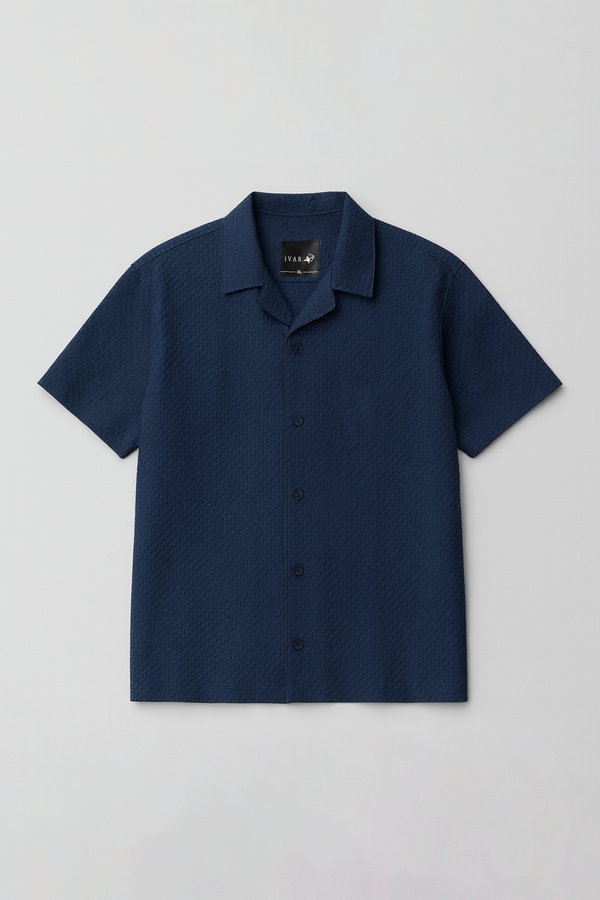 IVAR® Navy Herring Bone Cuban Collar Shirt